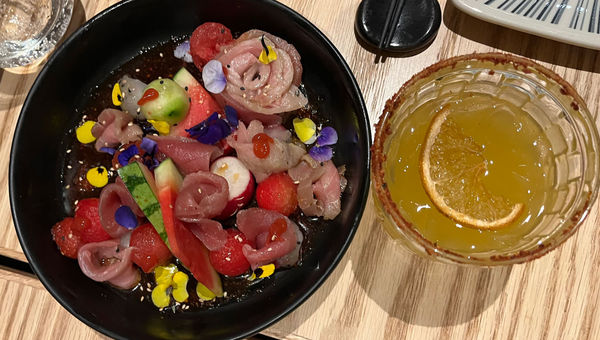 A dish at the hotel's Suchi Nipona & Sinaloa Cuisine, a fusion restaurant that showcases Japanese and Sinaloa traditions, even in artwork that depicts sumo wrestling and Mexico's lucha libre. A dish at the hotel's Suchi Nipona & Sinaloa Cuisine, a fusion restaurant that showcases Japanese and Sinaloa traditions, even in artwork that depicts sumo wrestling and Mexico's lucha libre.
