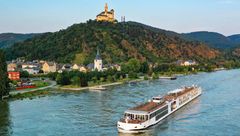 A Viking ship cruising the Rhine River. Viking's 2025 inventory is already 67% booked.
