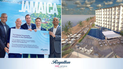 Left, Blue Diamond Resorts leadership team members and other project stakeholders at ITB Berlin. Right, a rendering of the Royalton Chic Jamaica Paradise Cove, An Autograph Collection All Inclusive Resort.