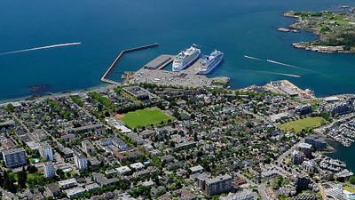 An aerial view of Victoria, British Columbia, a common port of call on Alaska cruises.