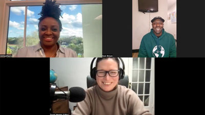 Clockwise from top left: Writer Mariette Williams and Dominic Brown of Tall Travel Eats talk about using social media to speak to the Black travel and food communities with Folo host Rebecca Tobin.