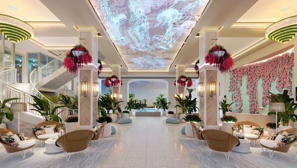 The Treasure Beach Village lobby will have an ornately carved ceiling resembling a sea garden. Luminescent jellyfish will come to life at night. The Treasure Beach Village lobby will have an ornately carved ceiling resembling a sea garden. Luminescent jellyfish will come to life at night.